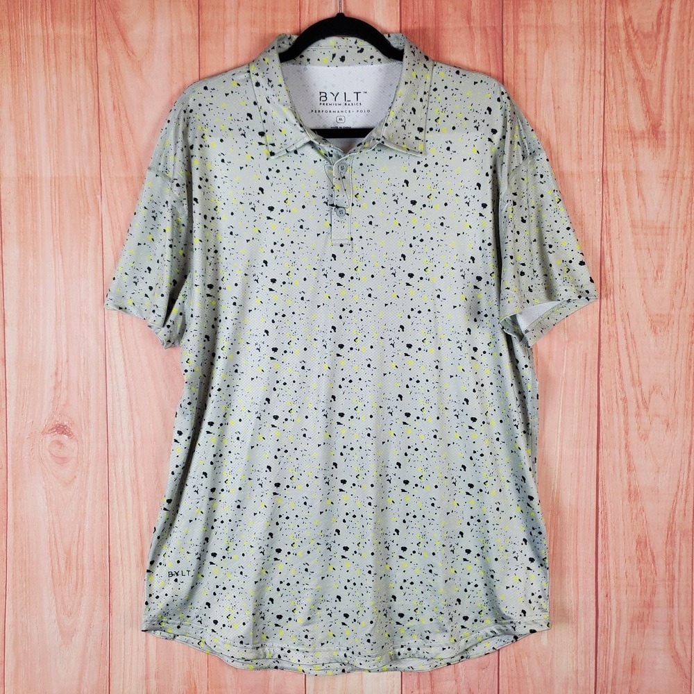 Bylt Men Performance Polo Shirt Sz XL Gray Polyester Splatter Print Short Sleeve